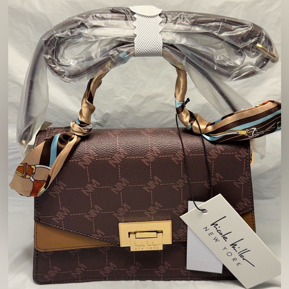 Nicole Miller Monogram Brown Logo Gold Hardware Shoulder Crossbody Bag Purse